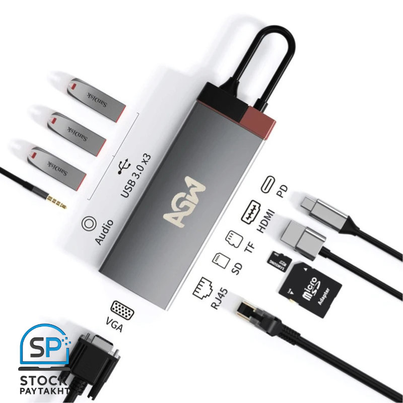 هاب 10 پورت تایپ سی AGW مدل BS10A با HDMI 4K و شارژ PD