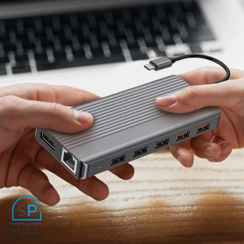هاب ۱۲ پورت تایپ سی پاورولوجی مدل P121HBCGY | خروجی دوگانه HDMI و توان 100W